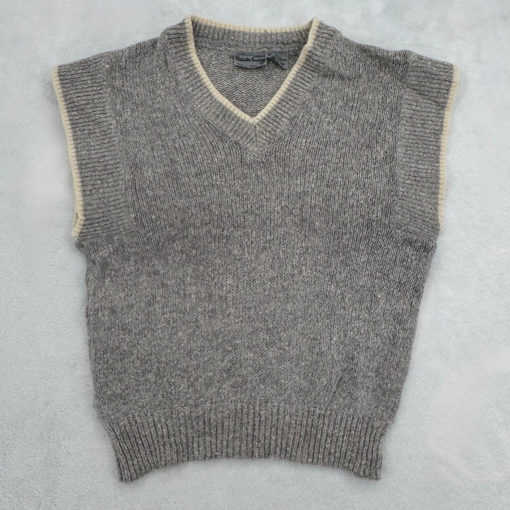 Nicole Curie Vintage 90s Silk Angora Blend V-Neck Knit Sweater Vest Grey- Medium